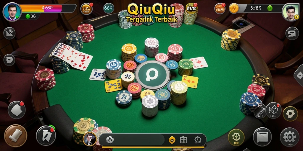 Screenshot gameplay QiuQiu dari aplikasi 66K yang menampilkan kartu dan pemain.