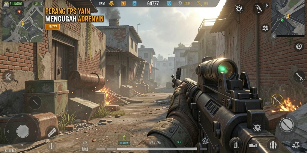 Tampilan penuh aksi gameplay GN777 dalam pertempuran FPS.