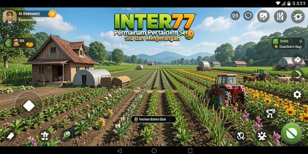 Tangkapan layar INTER77 menampilkan kebun yang indah dan aktivitas petani.