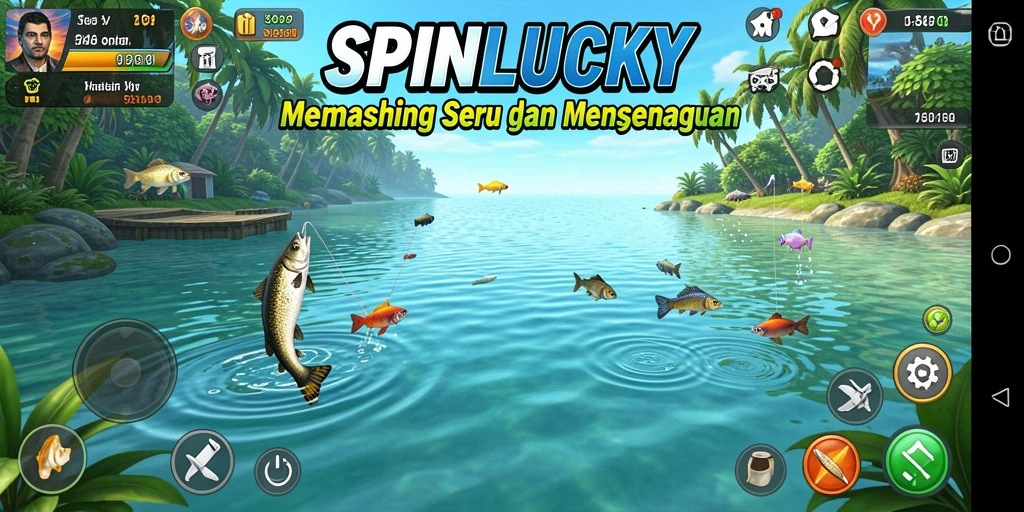 Screenshot gameplay SPINLUCKY dengan berbagai jenis ikan yang menunggu untuk ditangkap.