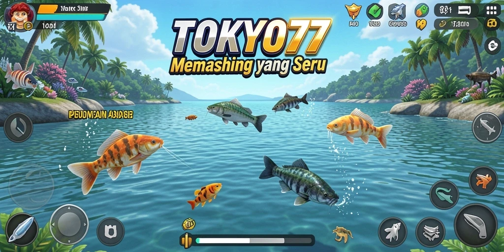 Screenshot gameplay TOKYO77 menampilkan aksi memancing yang seru.