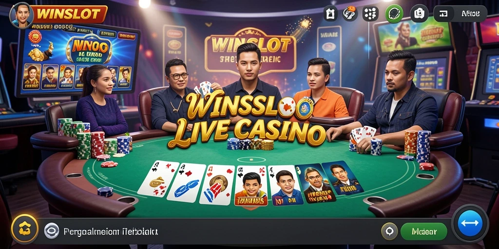 Screenshot gameplay WINSLOT menampilkan dealer langsung dan permainan kasino yang seru.